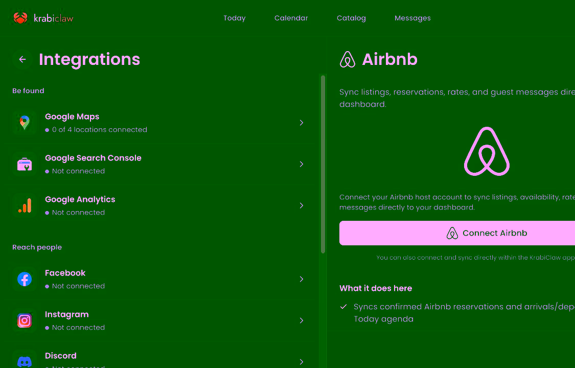 The Airbnb integration in the fictional Saltleaf Stays staging workspace, showing the Connect Airbnb action.