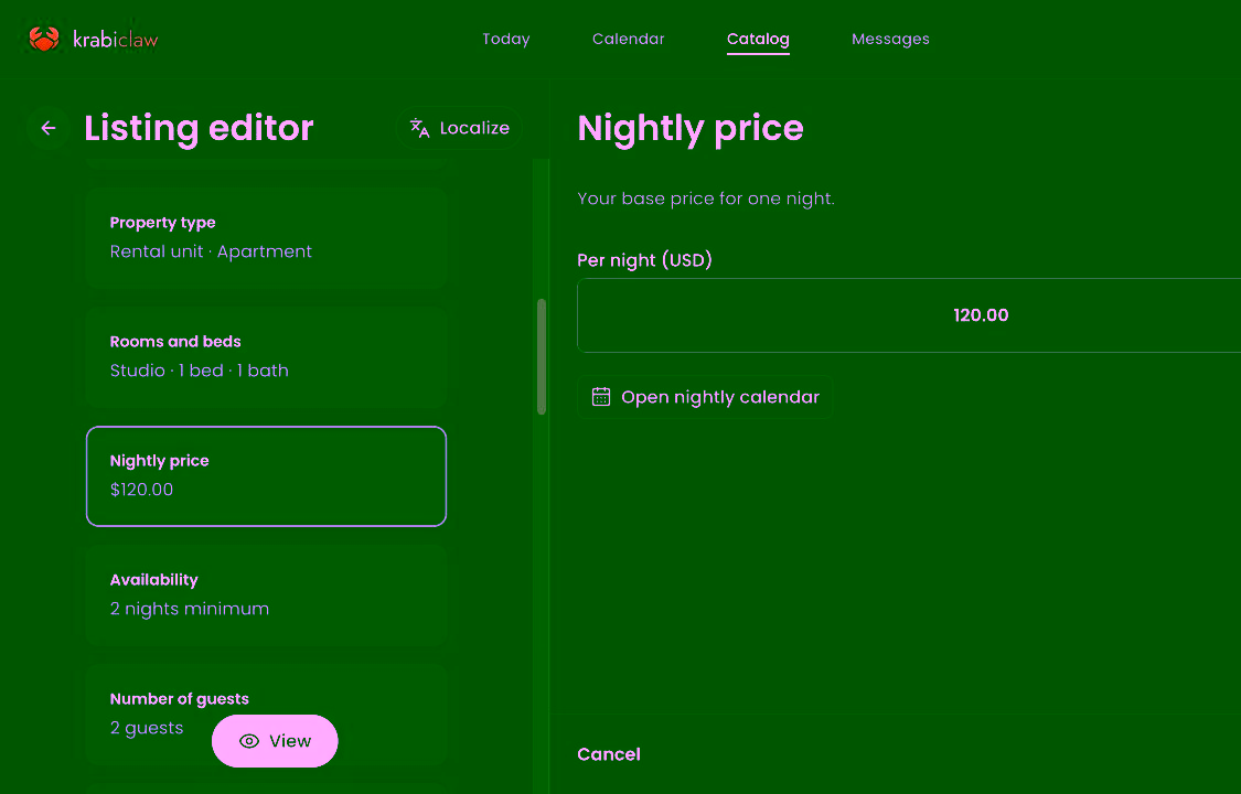 The nightly price editor for the fictional Saltleaf Stays staging home, showing the base price field and Open nightly calendar link.