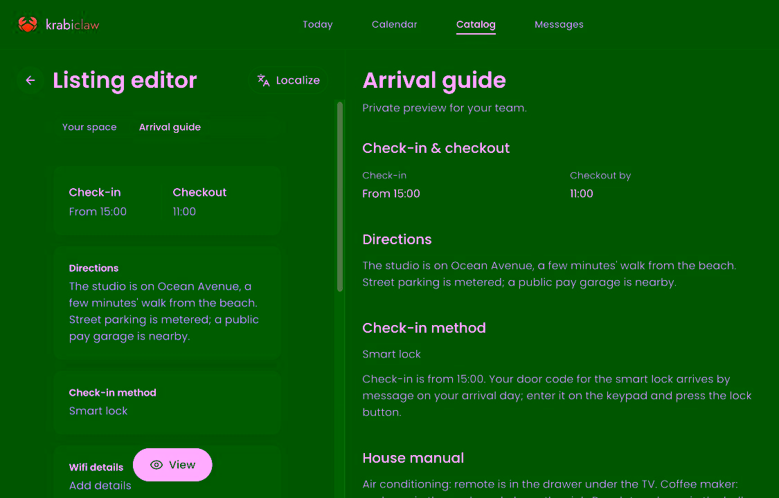 Listing editor Arrival guide tab and private team preview in the fictional Saltleaf staging demo, inspected 23 October 2026.