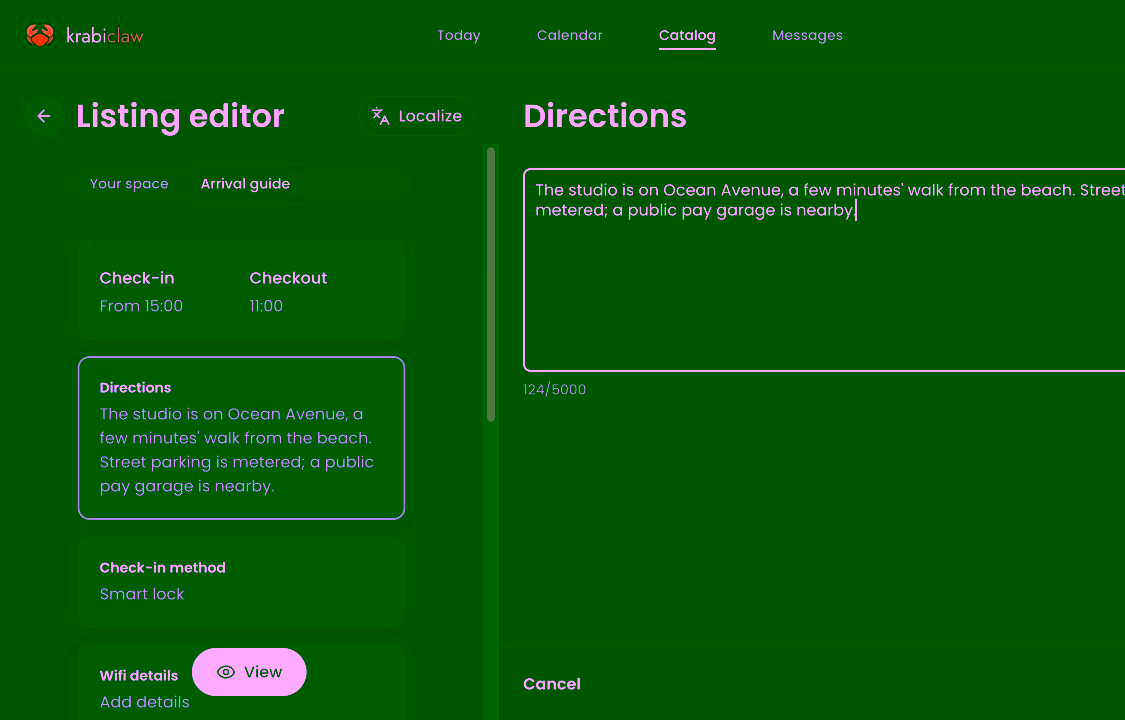 Directions editor selected from the Arrival guide tab for the fictional Saltleaf staging demo. No guest data or access credentials are shown. Inspected 23 October 2026.