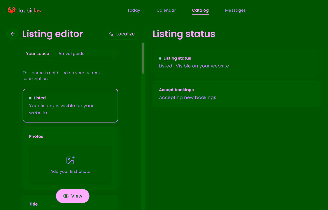 The Listing status and Accept bookings controls for the fictional Saltleaf Stays staging home. The demo retains an existing subscription.