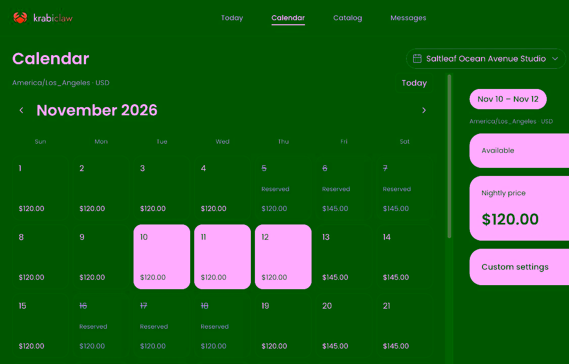 The nightly calendar for the fictional Saltleaf Stays staging home, with selected nights and pricing, availability and custom settings controls.